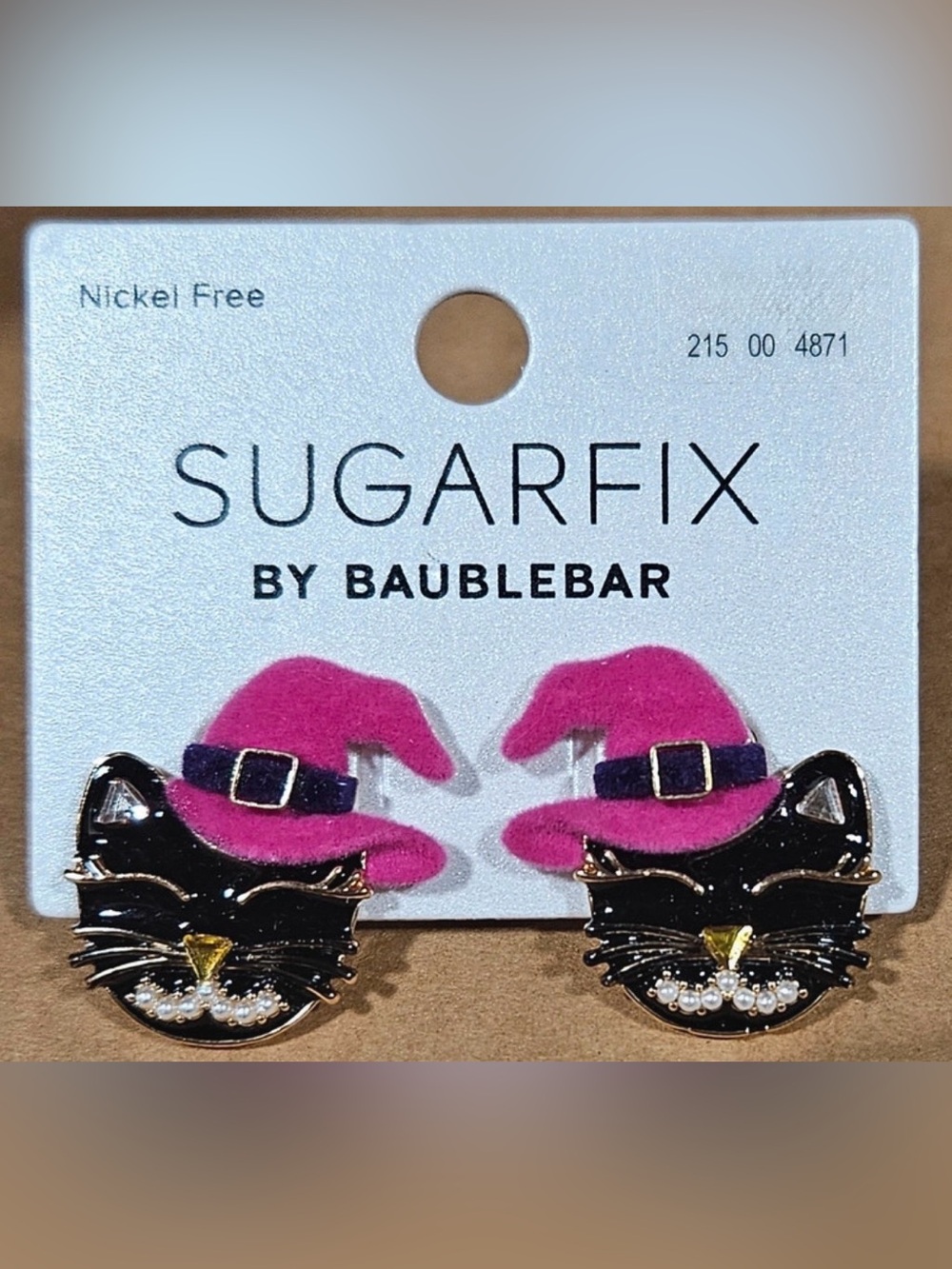 BAUBLEBAR Halloween Black Spooky Scary Cat in Magenta Witch Hat Earrings NEW NWT